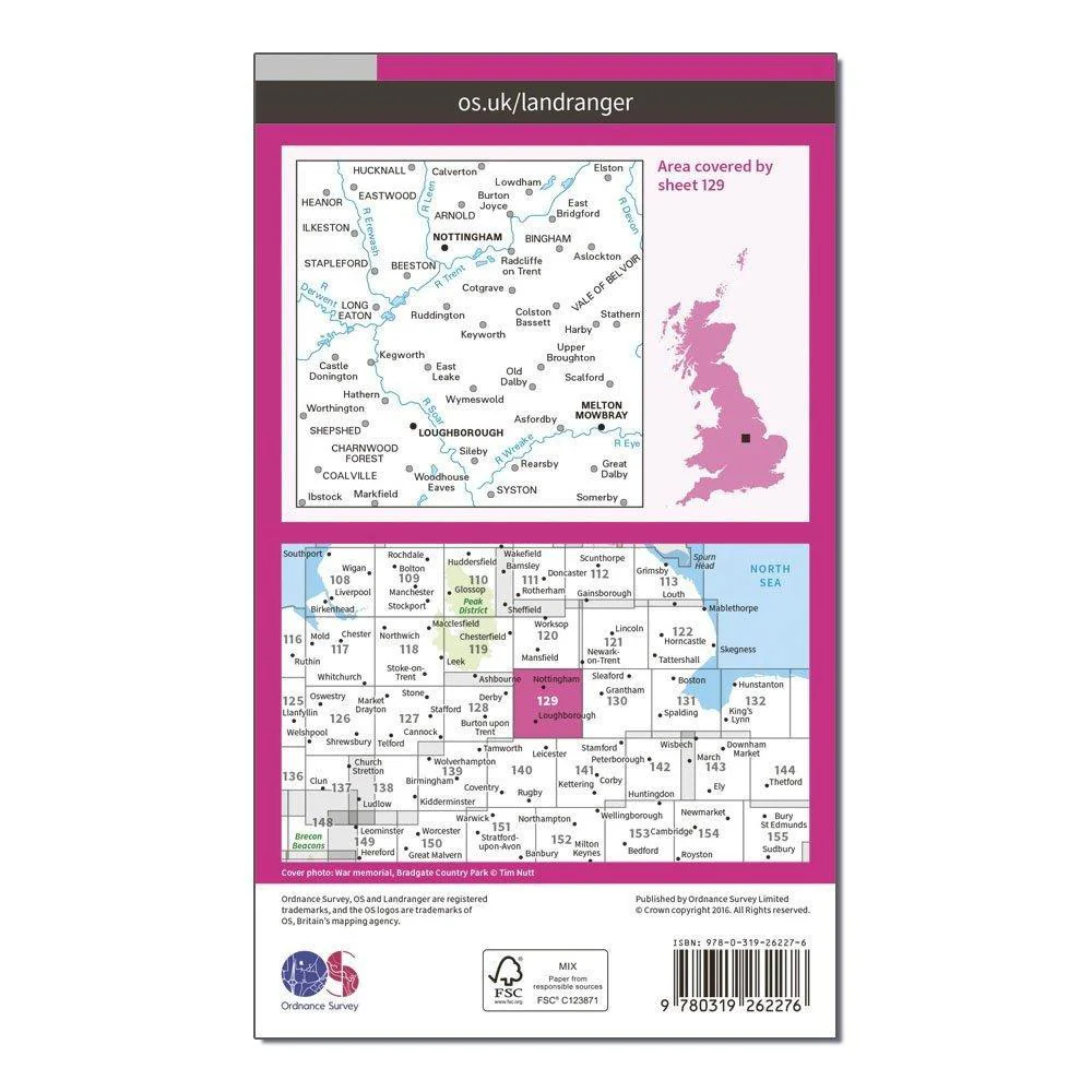 Landranger 129 Nottingham & Loughborough, Melton Mowbray Map With Digital Version - Image 2