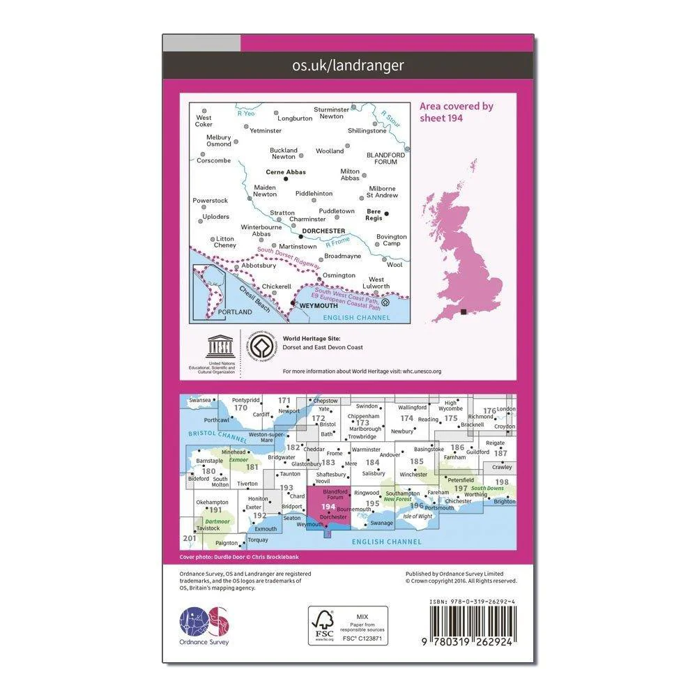 Landranger 194 Dorchester & Weymouth, Cerne Abbas & Bere Regis Map With Digital Version - Image 2