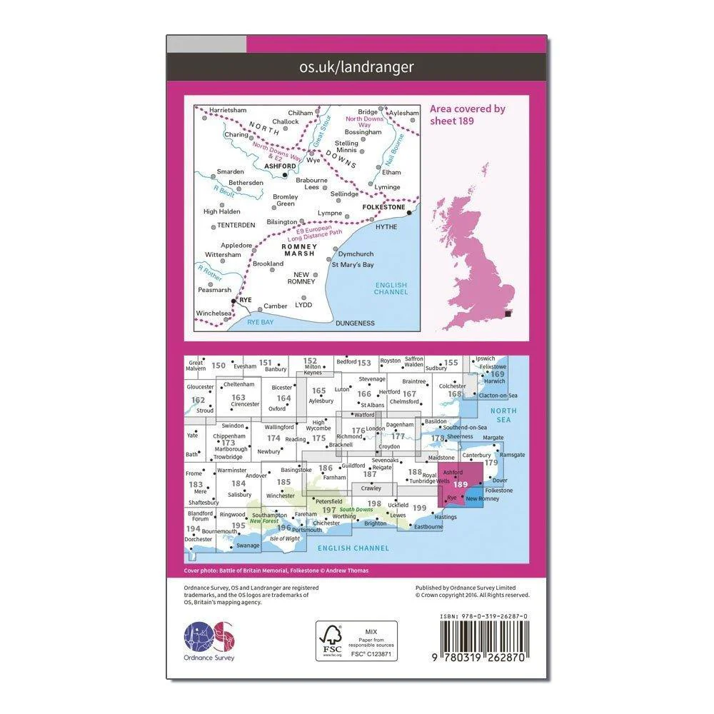 OS Landranger 189 Ashford  Romney Marsh Rye  Folkestone Map - Image 2