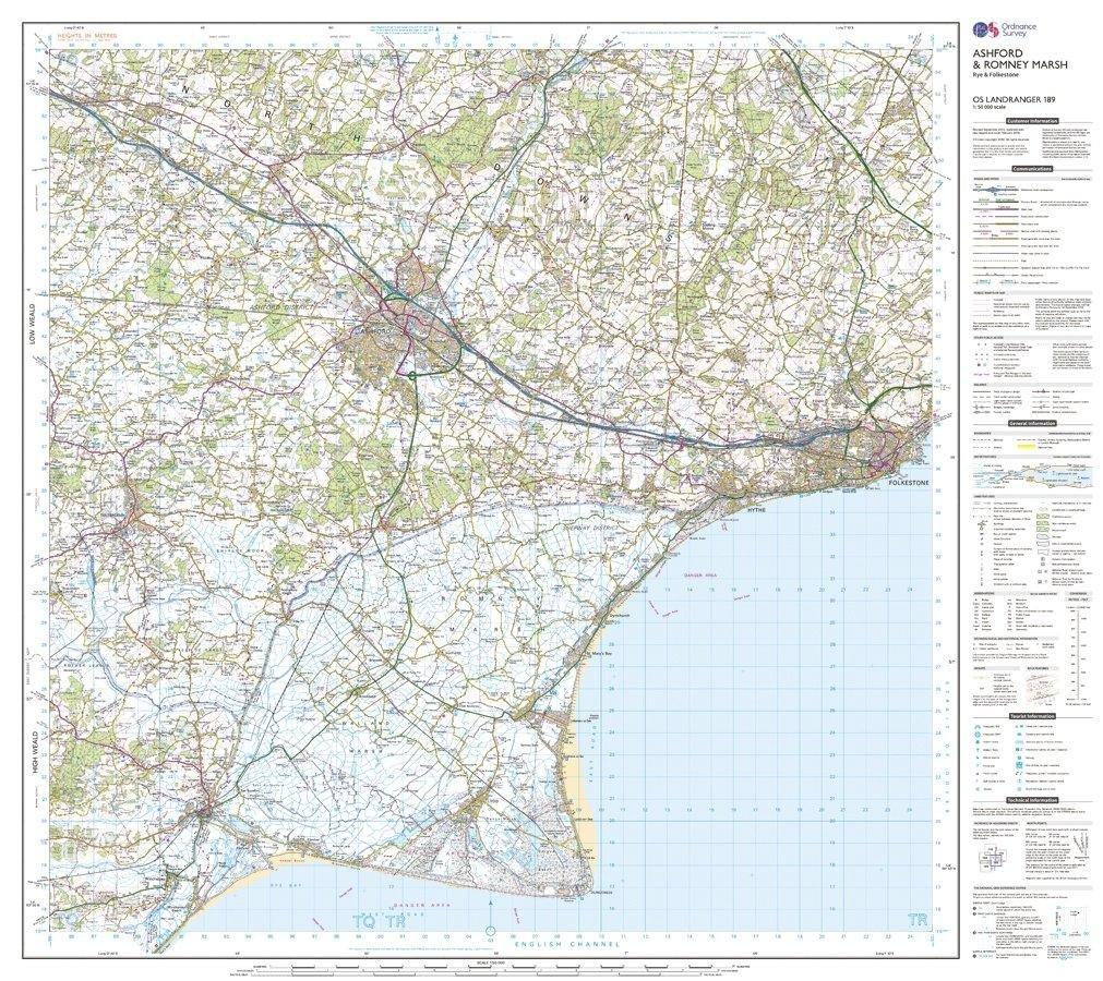 OS Landranger 189 Ashford  Romney Marsh Rye  Folkestone Map - Image 3