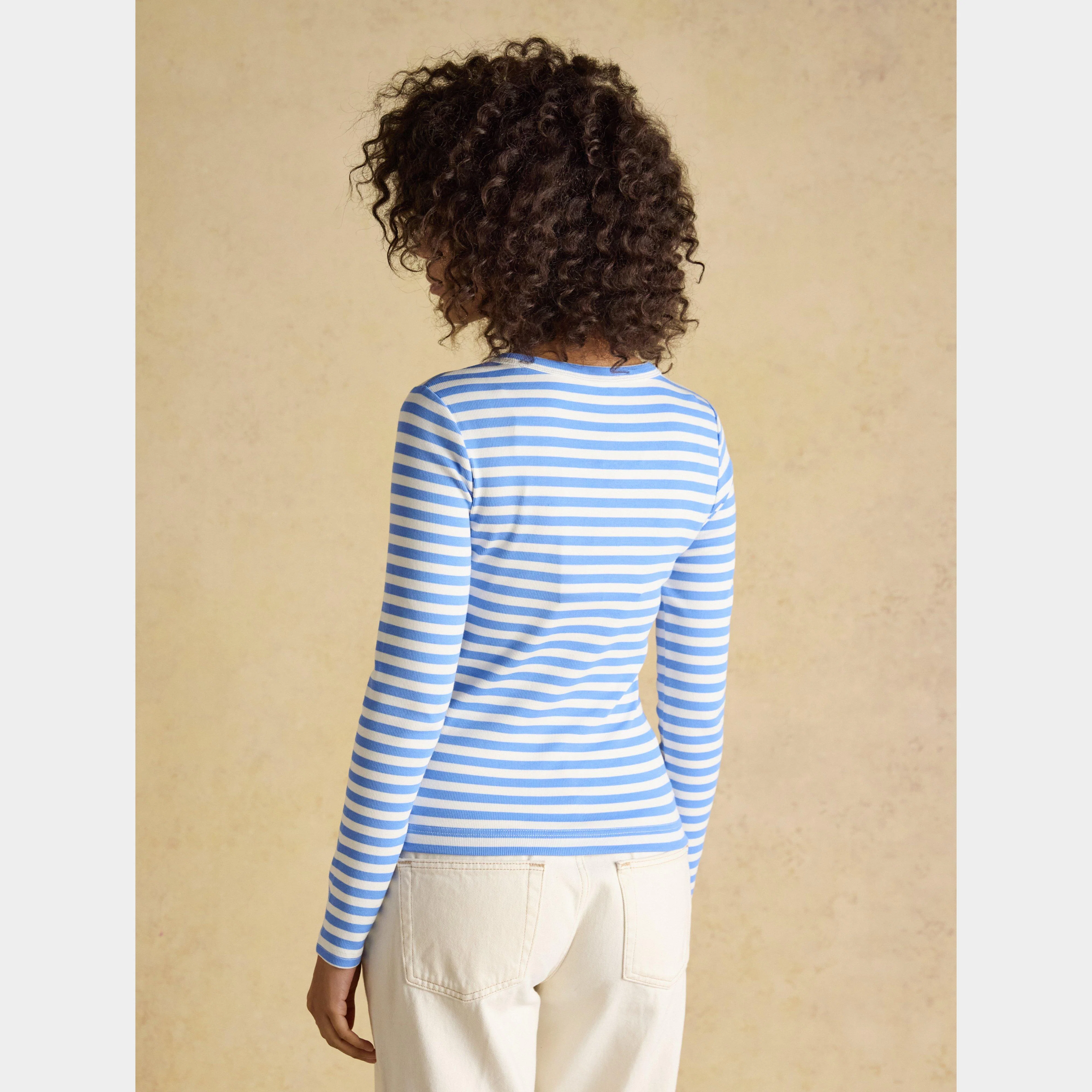 Women's Sophie Navy Striped Long Sleeve Ribbed Fitted T-Shirt - Image 2