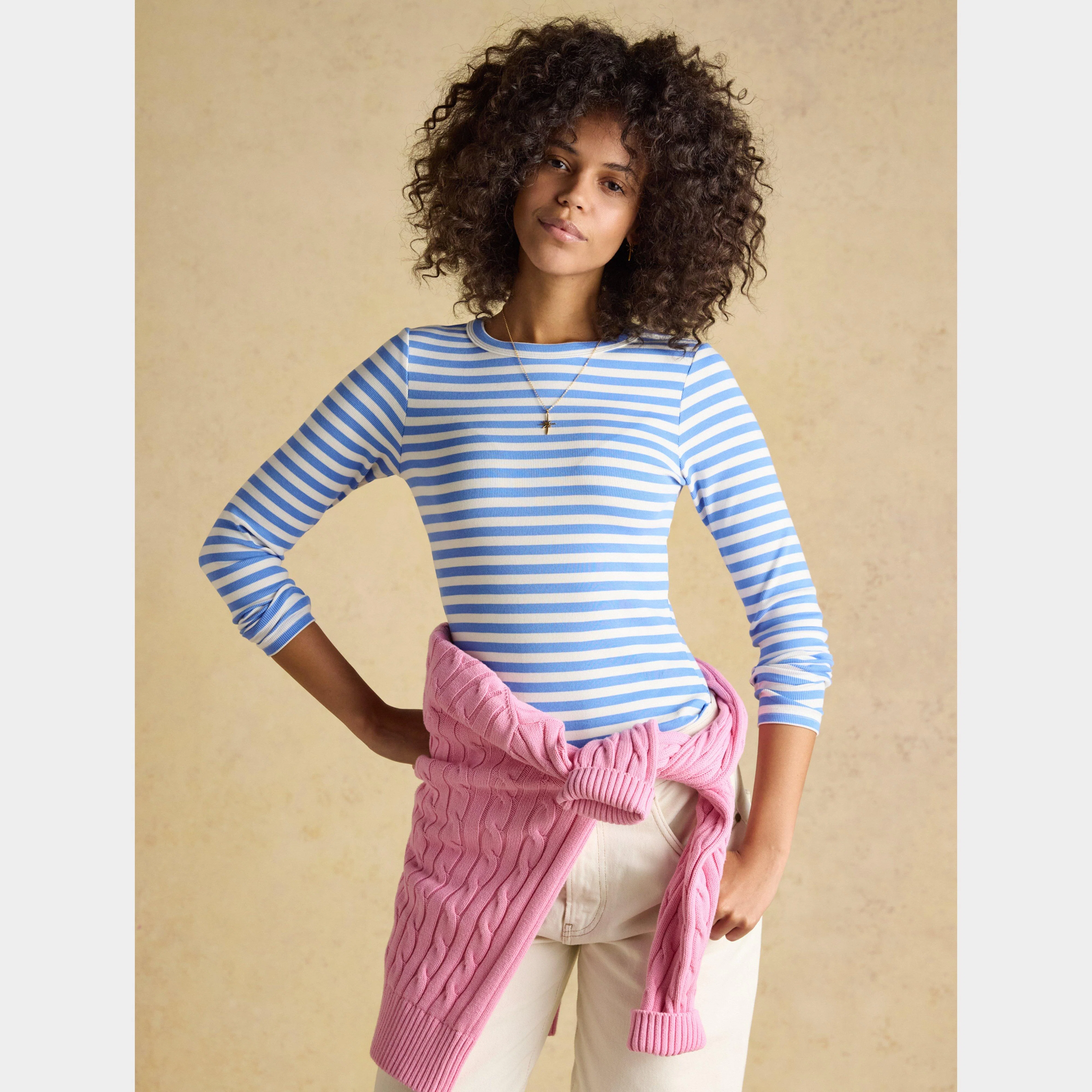 Women's Sophie Navy Striped Long Sleeve Ribbed Fitted T-Shirt - Image 7